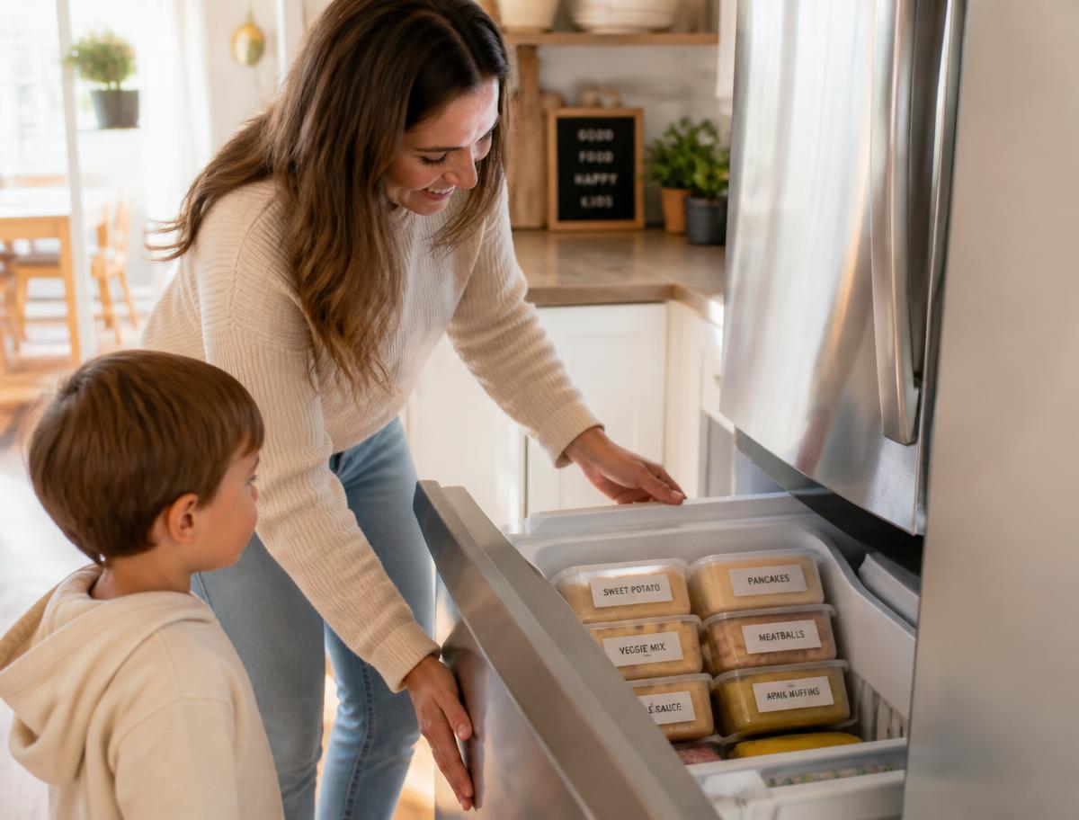 Madre abriendo el congelador con comida casera preparada para sus hijos